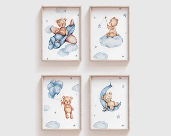 Teddy Bear Nursery Print Set: Watercolor Airplane, Moon, Balloons (Digital Download)