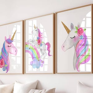 Unicorn Wall Art Prints Set of 3, Magical Unicorns, Unicorn Nursery Decor, Girl Bedroom Wall Art, Whimsical Unicorn Posters, Kids Room Decor