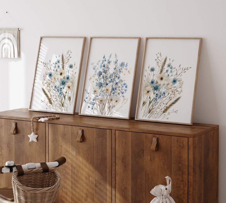 Navy Blue Wildflower Art Prints: Boho Floral Wall Decor (Digital Download) image 3