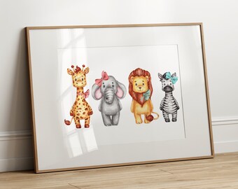 Watercolor Safari Animal Nursery Print: Giraffe, Elephant, Lion, Zebra (Digital Download)