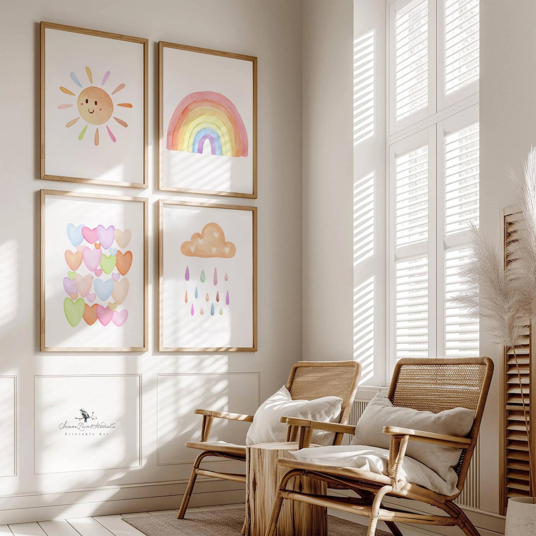 Watercolor Nursery Prints: Rainbow, Cloud, Sun, Hearts Wall Art ...