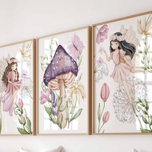 Decoración de pared de hadas para habitación de niña, juego de 3 impresiones de hongos rosas y flores, descarga digital.