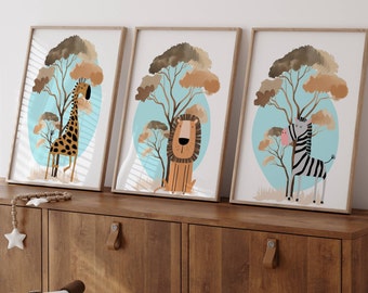 Safari Animal Nursery Prints: Giraffe, Lion, Zebra (Set of 3) (Digital Download)