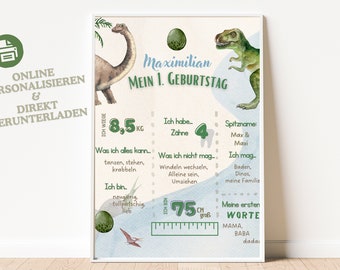 Meilensteintafel 1. Geburtstag DIN4, Meilensteinposter, Dino, Geschenk 1. Geburtstag Dino, Geschenk Junge, Geschenk Kindergarten,Dinosaurier