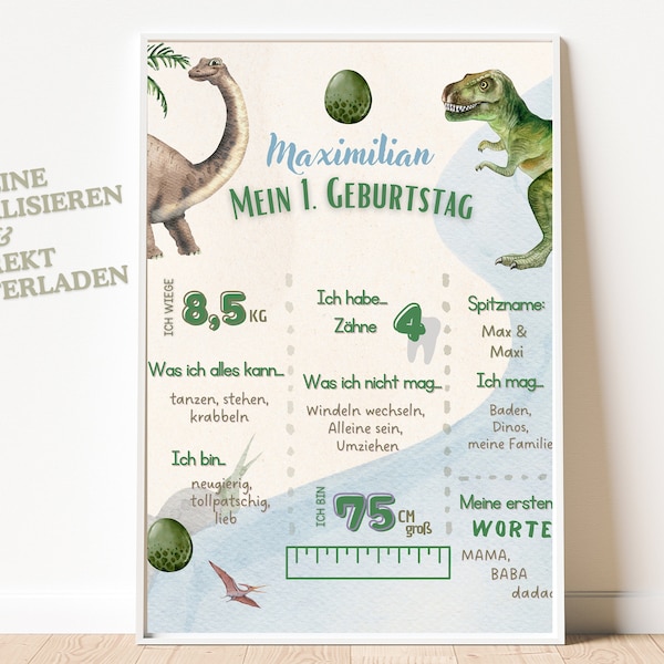 Meilensteintafel 1. Geburtstag DIN4, Meilensteinposter, Dino, Geschenk 1. Geburtstag Dino, Geschenk Junge, Geschenk Kindergarten,Dinosaurier