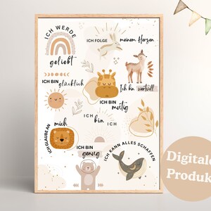 Op de afbeelding: Een ingelijste kunstafdruk met een lichtbeige achtergrond met grillige illustraties van dieren en een regenboog. De tekst in het Duits bevat zinnen als "Ich bin glücklich" en "Ich kann alles schaffen." Een cirkelvormig label luidt "Digitales Produkt."