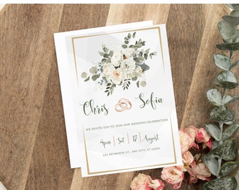 White Floral Wedding Invitation Template, minimalistic wedding Invitation, Hochzeitseinladung, edit and download, Boho wedding, vegetation, Flower