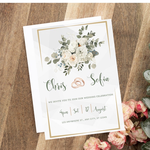 White Floral Wedding Invitation Template, minimalistic wedding Invitation, Hochzeitseinladung, edit and download, Boho wedding, vegetation, Flower