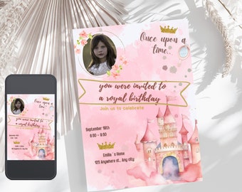 Princess Birthday Invitation Princess Party Invite Girl Castle Pink Gold Editable Printable Download, Birthday Party Girl