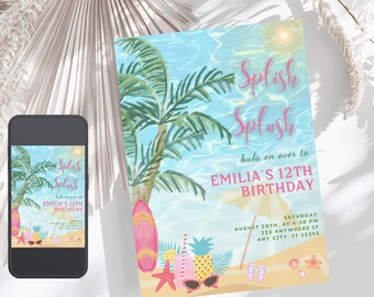 Summer Birthday Invitation Template, Summer Party, Pool Party Birthday Girls Invitation, Editable Summer Girl's Birthday Invitation, Bday Template