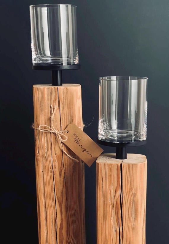 Altholz Balken mit Windlichtglas | Kerzenhalter aus Holz | Upcycling Dekoration | Holzdesign