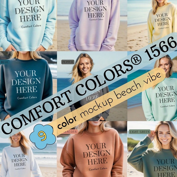 Comfort Colors 1566 Beach Vibe Sweatshirt MOCKUP, Crewneck Sweater Mock-up, Long-sleeve Cute Shirt Simple Mock, POD Mocks