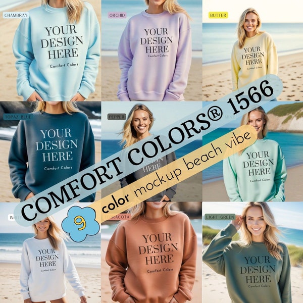 Comfort Colors 1566 Beach Vibe Sweatshirt MOCKUP, Crewneck Sweater Mock-up, Long-sleeve Cute Shirt Simple Mock, POD Mocks