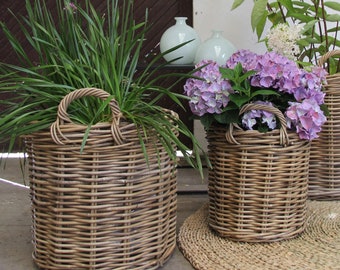 Panier en rotin maison de campagne Ø 40 x H 39 cm gris beige panier à linge panier à plantes panier en osier panier décoratif en saule panier tressé panier naturel