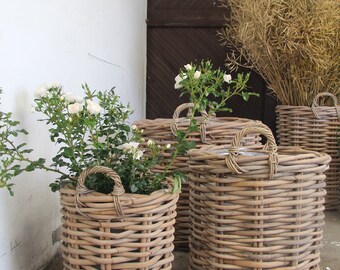 Panier XXXL maison de campagne moderne Ø 60 / 46 cm panier à plantes blanc-gris rotin 1 cm panier à linge design solide panier décoratif