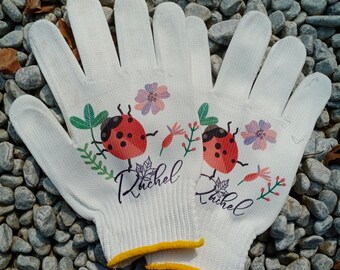Personalized Name Gloves for Planters Lover, Ladybug Garden Gloves, Adult Work Gloves, Outdoor Cotton Gloves for Men, Gifts for Husband