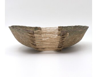 Papermache Decorative Low Bowl with Jute Rope - Sustainable Upcycled Centerpiece Bowl for Interior Spaces in Brown and Neutral Tones