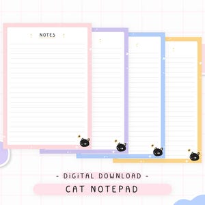 May include: Four pastel-coloured notepads with lined pages. Each notepad features a cat illustration and the word "NOTES". The notepads are pink, lilac, blue, and yellow. Text reads "DIGITAL DOWNLOAD - CAT NOTEPAD".