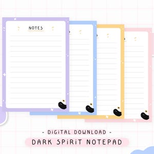 May include: Four lined notepads with pastel borders in purple, blue, yellow, and pink. Each notepad has the word "NOTES" at the top and a small black character at the bottom. The text "DARK SPIRIT NOTEPAD" is at the bottom.