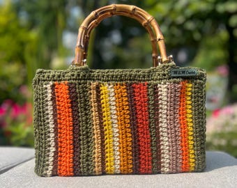 Crochet Striped Handbag with Bamboo Handles: Boho Summer Purse