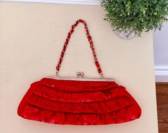NEW red satin and sequined clutch evening bag silver chain Handbag Bijoux Terner formal