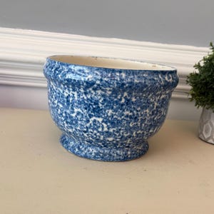 May include: A ceramic bowl featuring a blue and white speckled pattern throughout the exterior. The bowl has a rounded body, a flared rim, and a circular pedestal base. The interior of the bowl is a solid off-white color with a smooth finish.