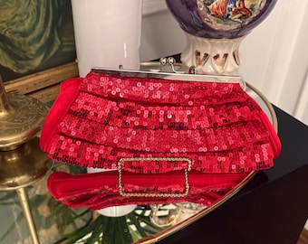 NEW red satin and sequined clutch evening bag silver chain Handbag Bijoux Terner formal