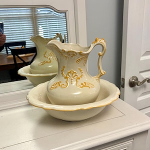 Vintage large pottery pitcher and wash basin set creamy-white ceramic with decorative yellow handpainted painted accents. Gifts for her.