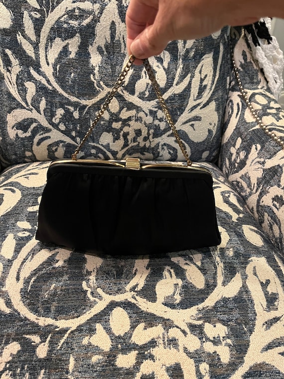 Vintage black satin evening handbag. 1950s Ande ev