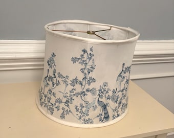 Vintage Toile de Jouy lampshade classic blue and white floral bird peacock motif (13"Wx 10"T)