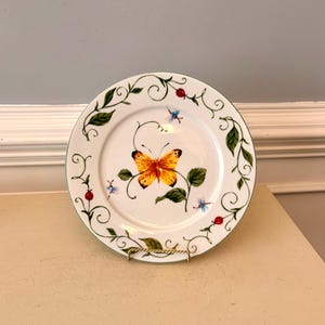 Butterfly Ceramic Dinner Plate: Yellow Butterfly, Ladybugs, Dragonflies – Spring Garden Pattern