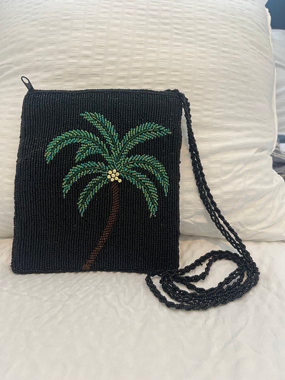 ERMO Black glass beaded crossbody evening bag palm