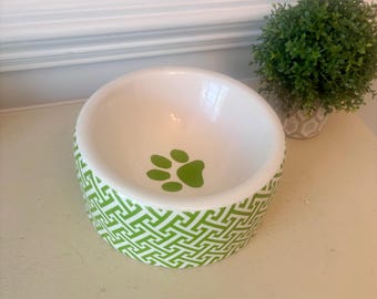 Green Trellis Ceramic Gog Dish Paw Print Center Green and White (8" x 4")