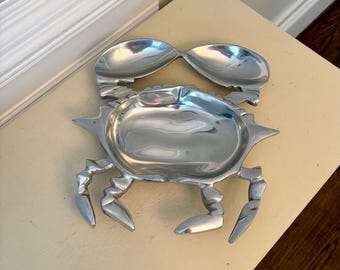 Vintage Crab Chip and Dip  Silvertone Recycled Metal Made in India Eurocraft Inc. Lead Free Pewter-Look Footed Serving Dish (11" x 11.5")