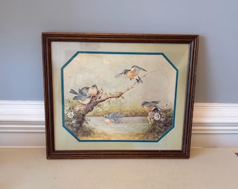Vintage watercolor lithograph print titled "After a Summer Shower" Bluebirds American artist Margie Morrow Signed 1983 (18.5 x 15.75").