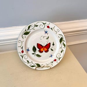 Butterfly Ceramic Dinner Plate: Red Orange Butterfly, Ladybug, Dragonfly Spring Garden Pattern Mothers Day Gift