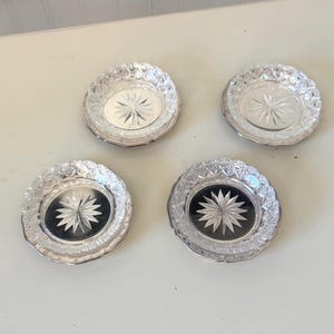 Set of 4 Lead Crystal 3" Coasters or Caviar Dishes Radiant Starburst Pinwheel Pattern w/ metal plate base Bohemian Crystal Germany