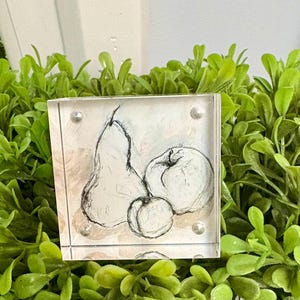 May include: A clear acrylic block featuring a pencil sketch of a pear, an apple, and a peach. The artwork is in black and white, with the fruits overlapping. The block is secured with four silver-colored rivets and is surrounded by green foliage.