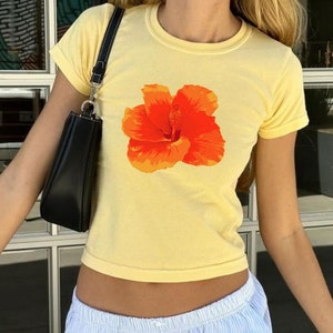Orange Hibiscus Baby Tee, Tropical Flower Trendy Tee, Summer Floral Top, Coquette Y2K,Vintage Graphic, Pinterest Aesthetic, 90s Tshirt