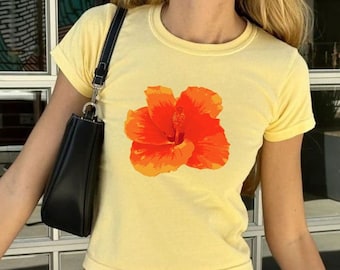 Orange Hibiscus Baby Tee, Tropical Flower Trendy Tee, Summer Floral Top, Coquette Y2K,Vintage Graphic, Pinterest Aesthetic, 90s Tshirt