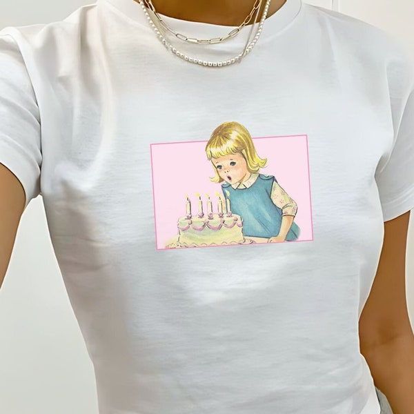Birthday Cake Baby Tee, Birthday Girl Shirt, Vintage Cake Top, Coquette Style, Retro Graphic, Babytee Y2k, 90s Clothing, Pinterest Aesthetic