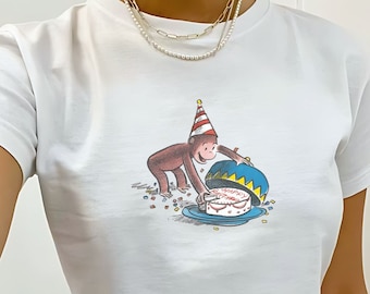 Birthday Cake Baby Tee, Birthday Girl Shirt, Retro Cake, Coquette, Retro Graphic Tee, Y2k, 90s Clothing, Curious George, Pinterest Aesthetic