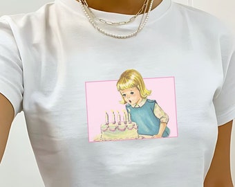 Geburtstagskuchen-Baby-T-Shirt, Geburtstags-Mädchen-Shirt, Vintage-Kuchen-Top, Koketten-Stil, Retro-Grafik, Babytee Y2k, 90er-Jahre-Kleidung, Pinterest-Ästhetik