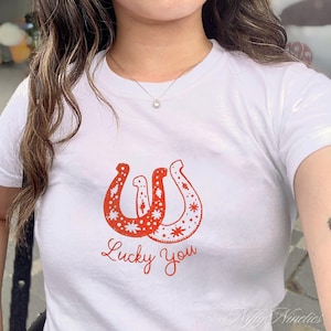 Lucky Cowboy Baby Tee, Vintage Western Tee, Y2K Shirt, Country Aesthetic Baby Tee, Coquette Tshirt, Retro Tee, 90s Top, Pinterest Aesthetic