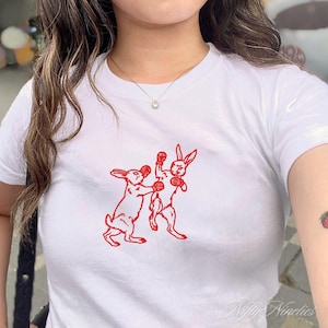 Retro Red Baby Tee, Boxing Bunnies, Coquette Clothing, Vintage Graphic, Pinterest Aesthetic, 90s Tshirt, Y2K Shirt, Grunge Aesthetic Shirt