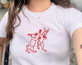 Retro Red Baby Tee, Boxing Bunnies, Coquette Clothing, Vintage Graphic, Pinterest Aesthetic, 90s Tshirt, Y2K Shirt, Grunge Aesthetic Shirt