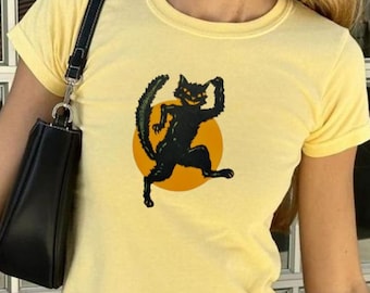 Vintage Katze Halloween Baby T-Shirt, Retro Katzenmama Baby T-Shirt, Baby T-Shirt Y2k, Halloween Grafik T-Shirt, 90er Jahre Retro Grafik Top, Cooles Grunge Kätzchen