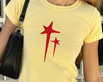 Star Drip Baby Tee, Red Print Tshirt, Cool Indie Grunge Y2k Aesthetic, Streetwear Style Clothing, Babytee Y2k, 90s Retro Graphic Top
