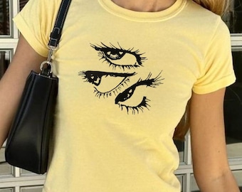 Eyes On You Baby Tee, Eyes Cool Grunge Y2k Aesthetic, Streetwear Style, Babytee Y2k, 90s Retro Vintage Graphic Top, Goth Punk Tee