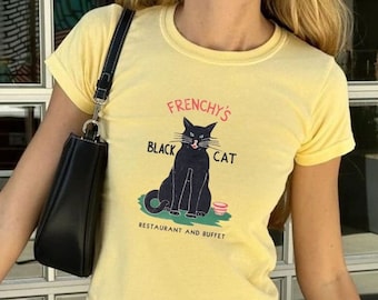 Vintage Black Cat Baby Tee, Coquette Baby Tee, Retro Bar Graphic Top, Pinterest Aesthetic, 90s Tshirt, Y2K Shirt, Grunge Aesthetic Shirt